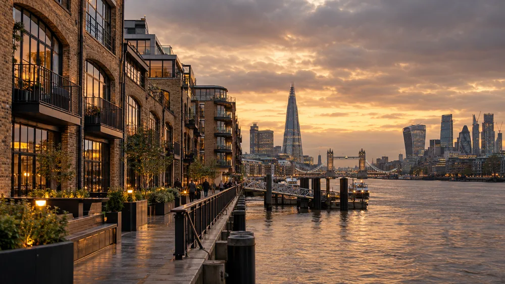 Commercial buildings and warehouses beside the River Thames