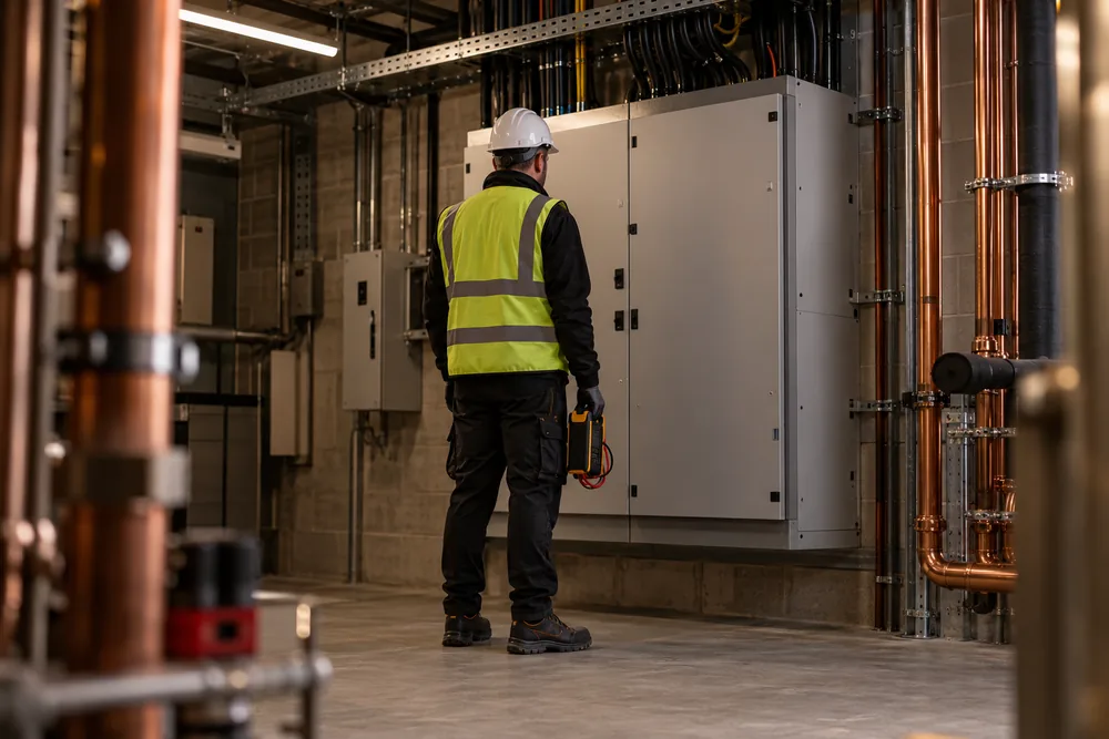 Electrician inspecting a closed commercial electrical distribution board