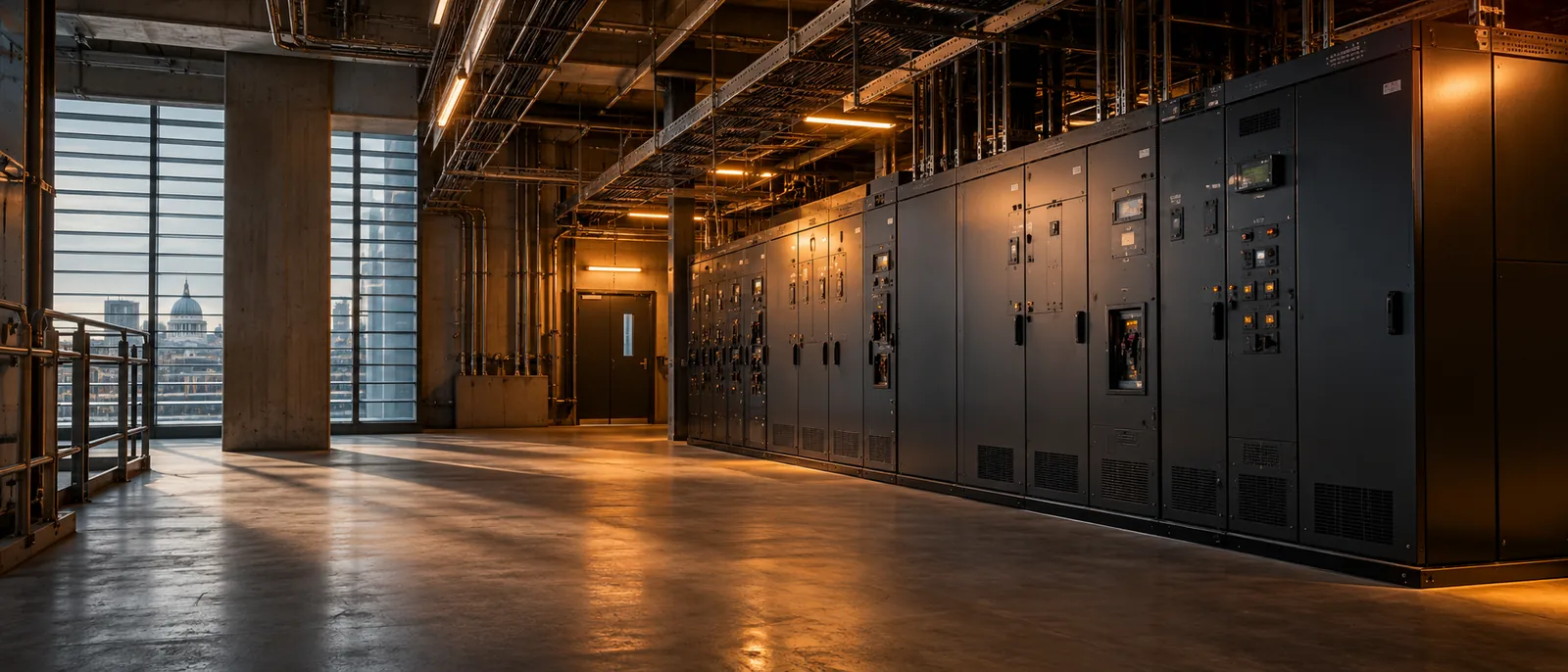 Rows of closed electrical switchgear in a warmly lit commercial plant room