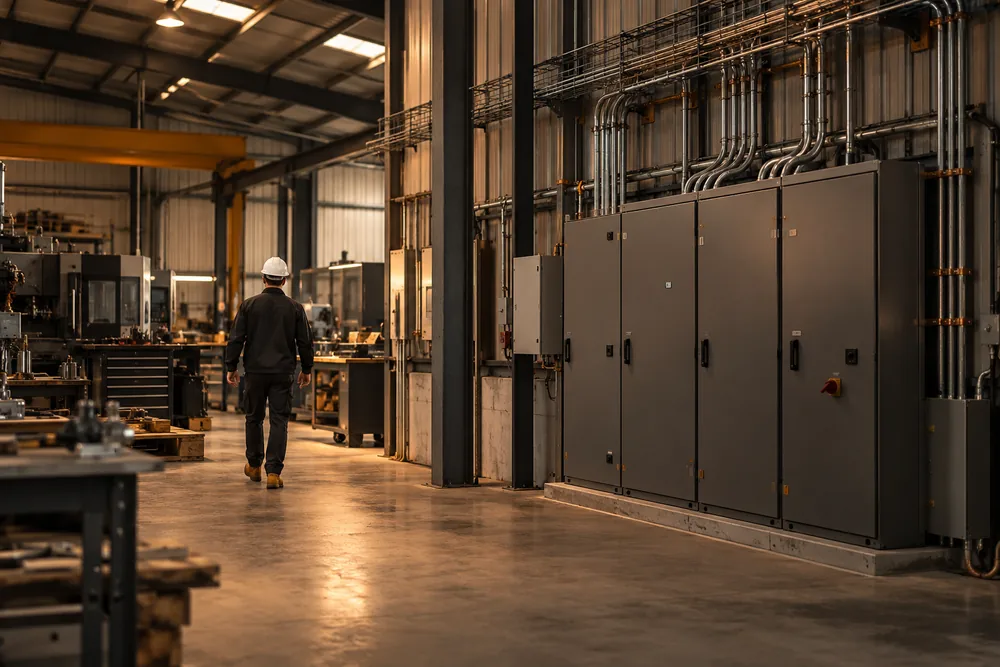Closed distribution cabinets and machinery in a tidy industrial workshop